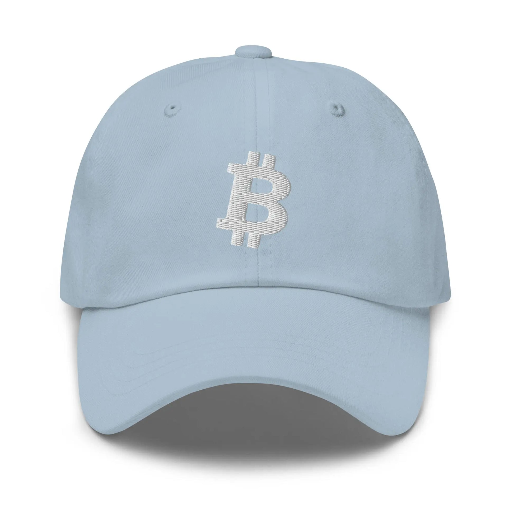 bitcoin hat - angled bitcoin symbol - white embroidery front - light blue