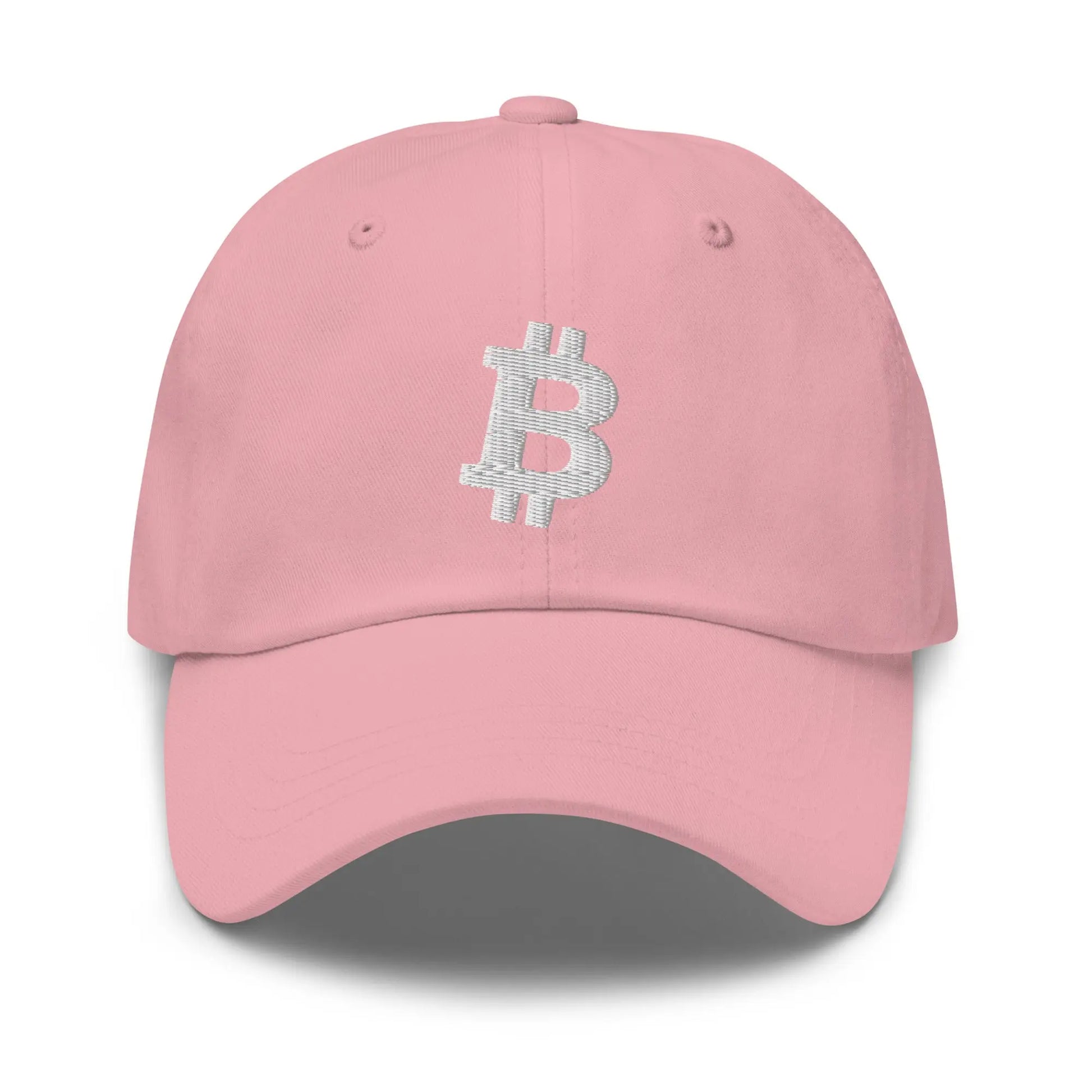 bitcoin hat - angled bitcoin symbol - white embroidery front - pink