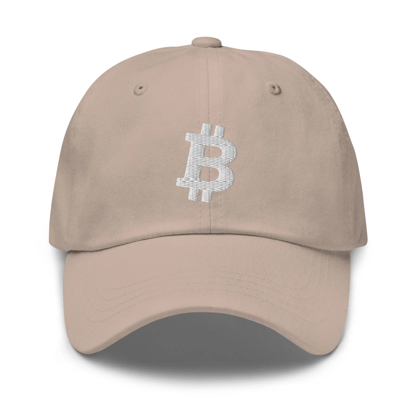 bitcoin hat - angled bitcoin symbol - white embroidery front - stone