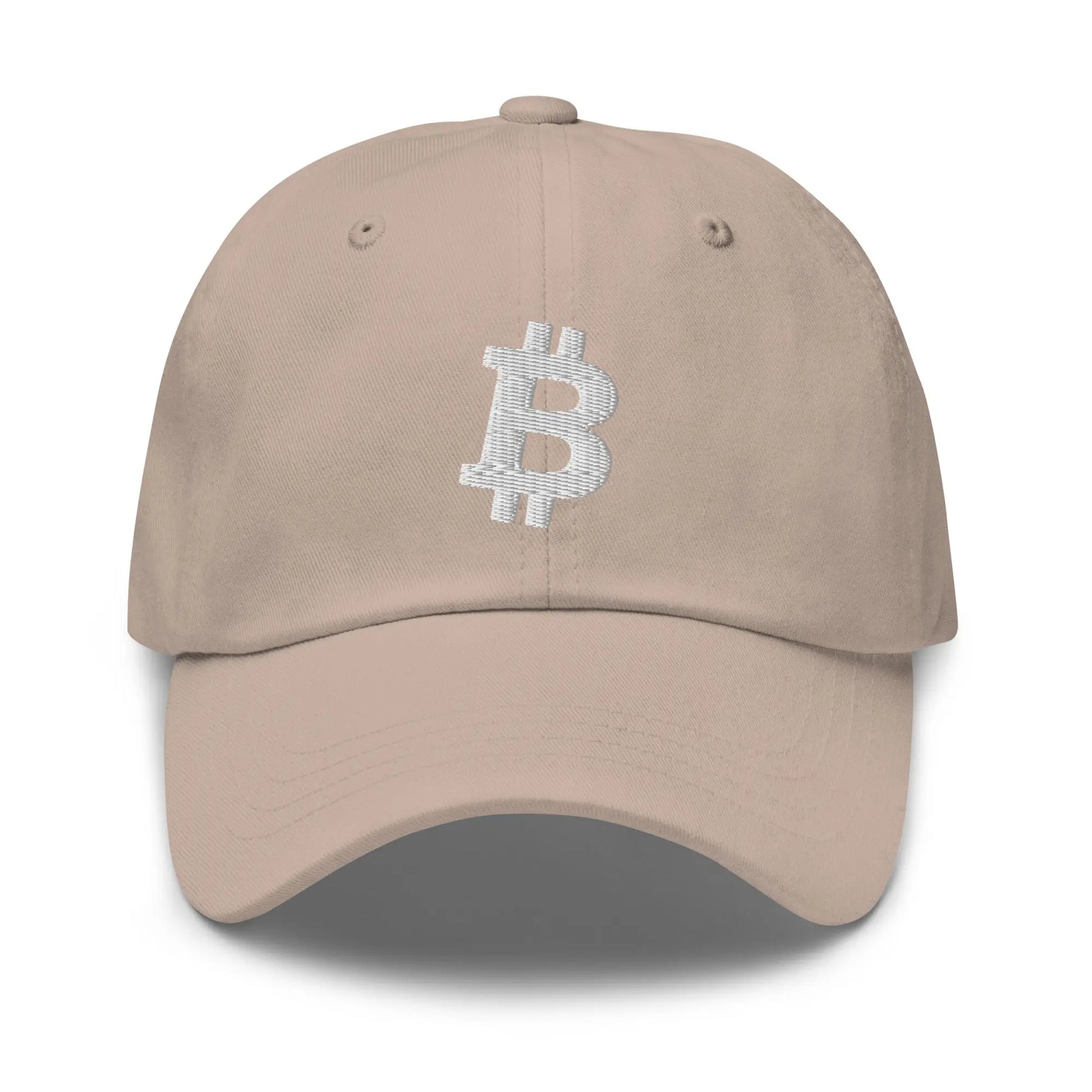 bitcoin hat - angled bitcoin symbol - white embroidery front - stone