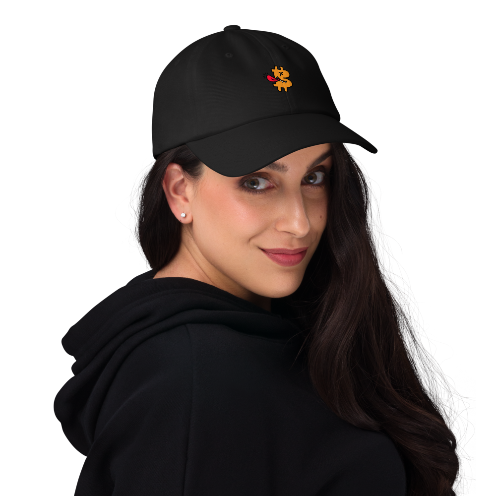 bitcoin hat - be funny - worn by female front view - black