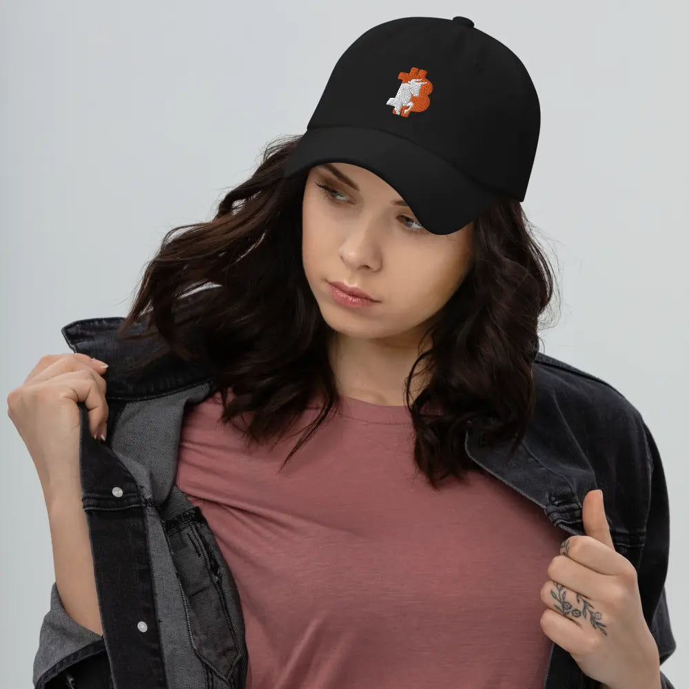 bitcoin hat - bitcoin bull - front view on female model - black