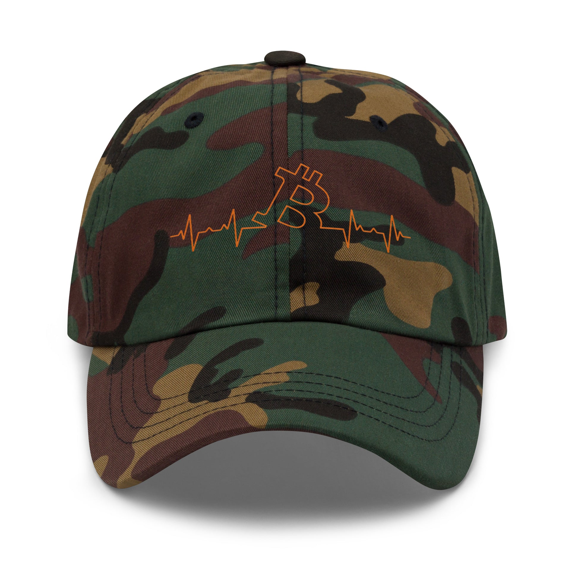 bitcoin hat - bitcoin heart beat - front view - camo