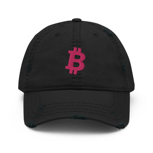 bitcoin hat - bitcoin symbol - front view - flamingo embroidery - black