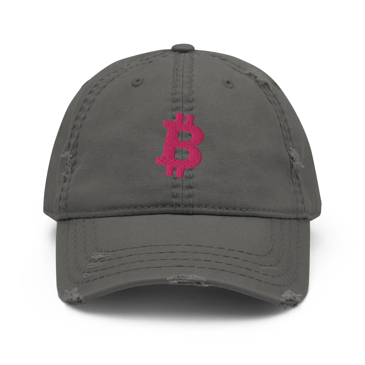 bitcoin hat - bitcoin symbol - front view - flamingo embroidery - grey