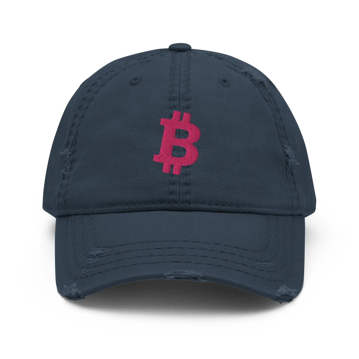 bitcoin hat - bitcoin symbol - front view - flamingo embroidery - navy