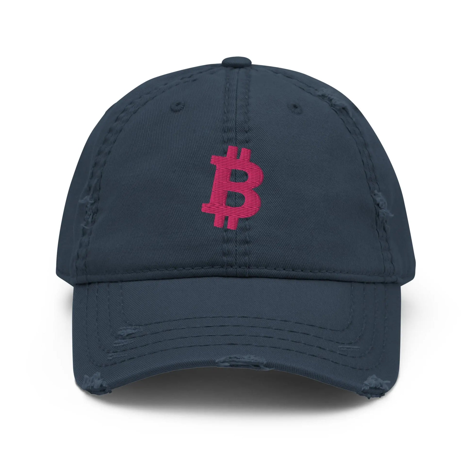 bitcoin hat - bitcoin symbol - front view - flamingo embroidery - navy
