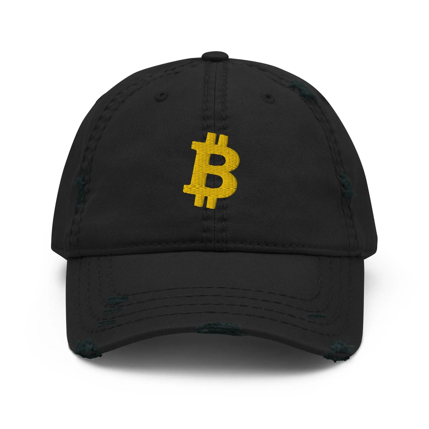 bitcoin hat - bitcoin symbol - front view - gold embroidery - black