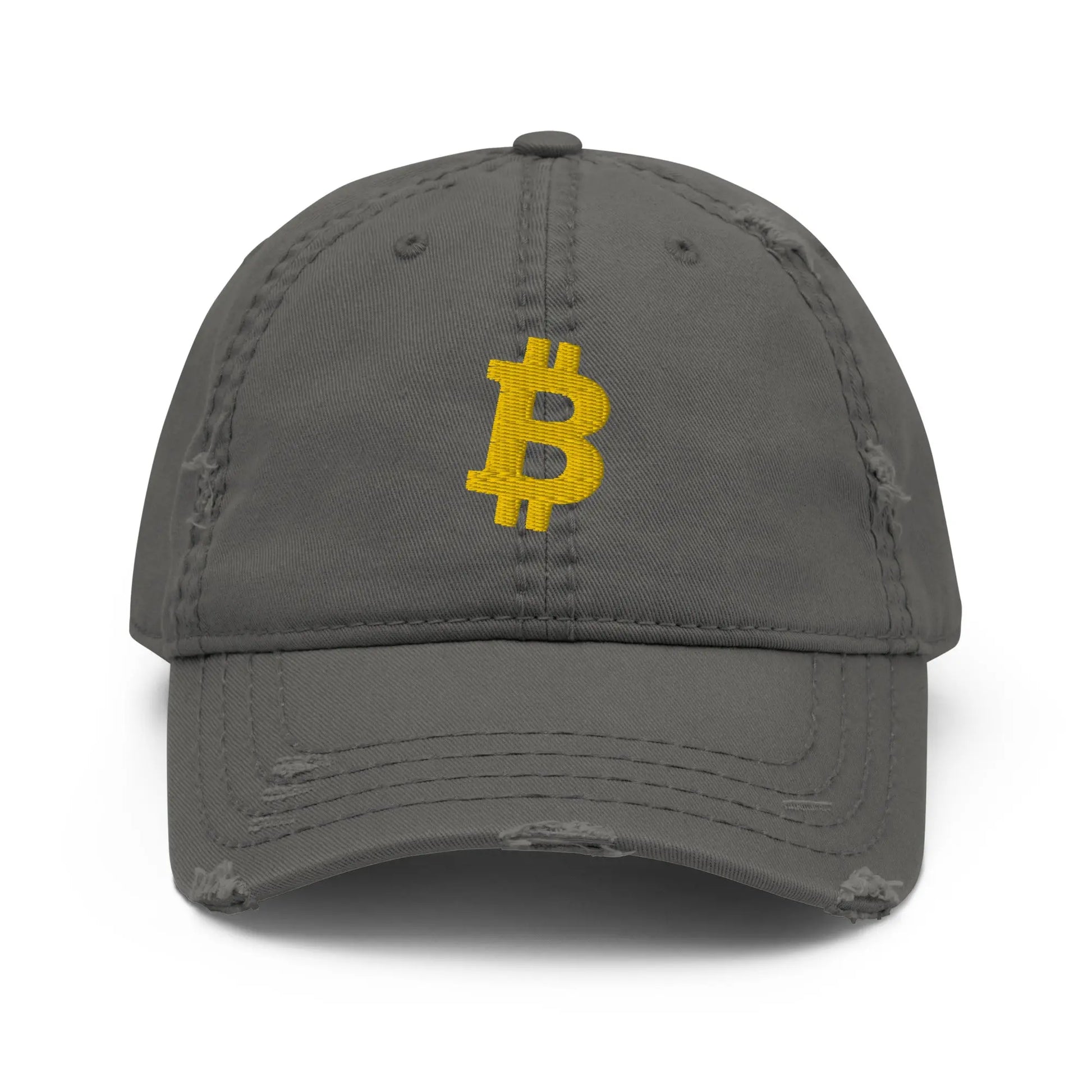 bitcoin hat - bitcoin symbol - front view - gold embroidery - grey