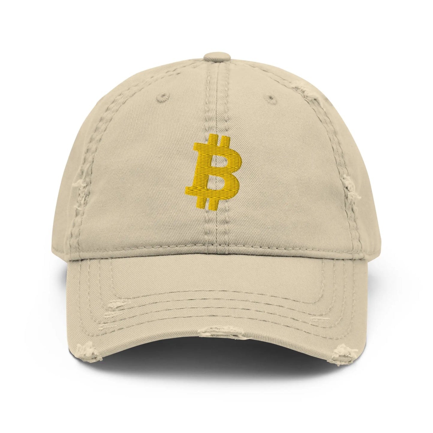 bitcoin hat - bitcoin symbol - front view - gold embroidery - khaki