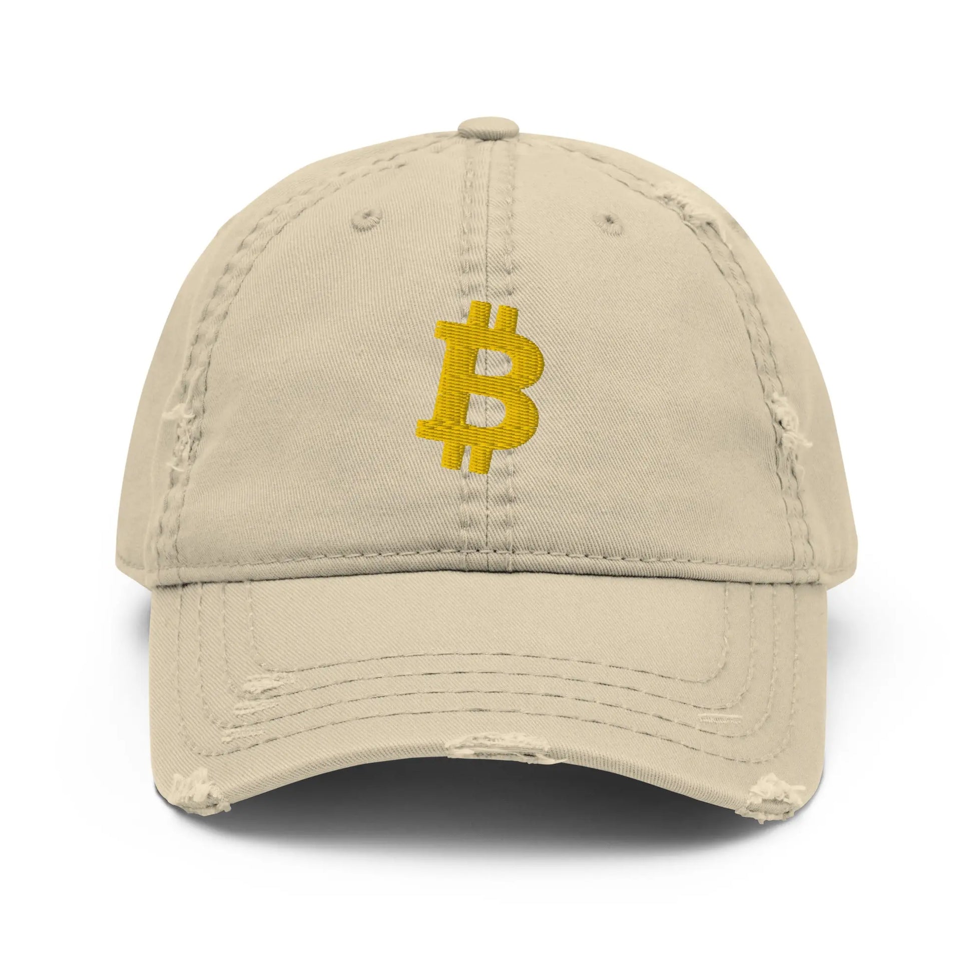 bitcoin hat - bitcoin symbol - front view - gold embroidery - khaki