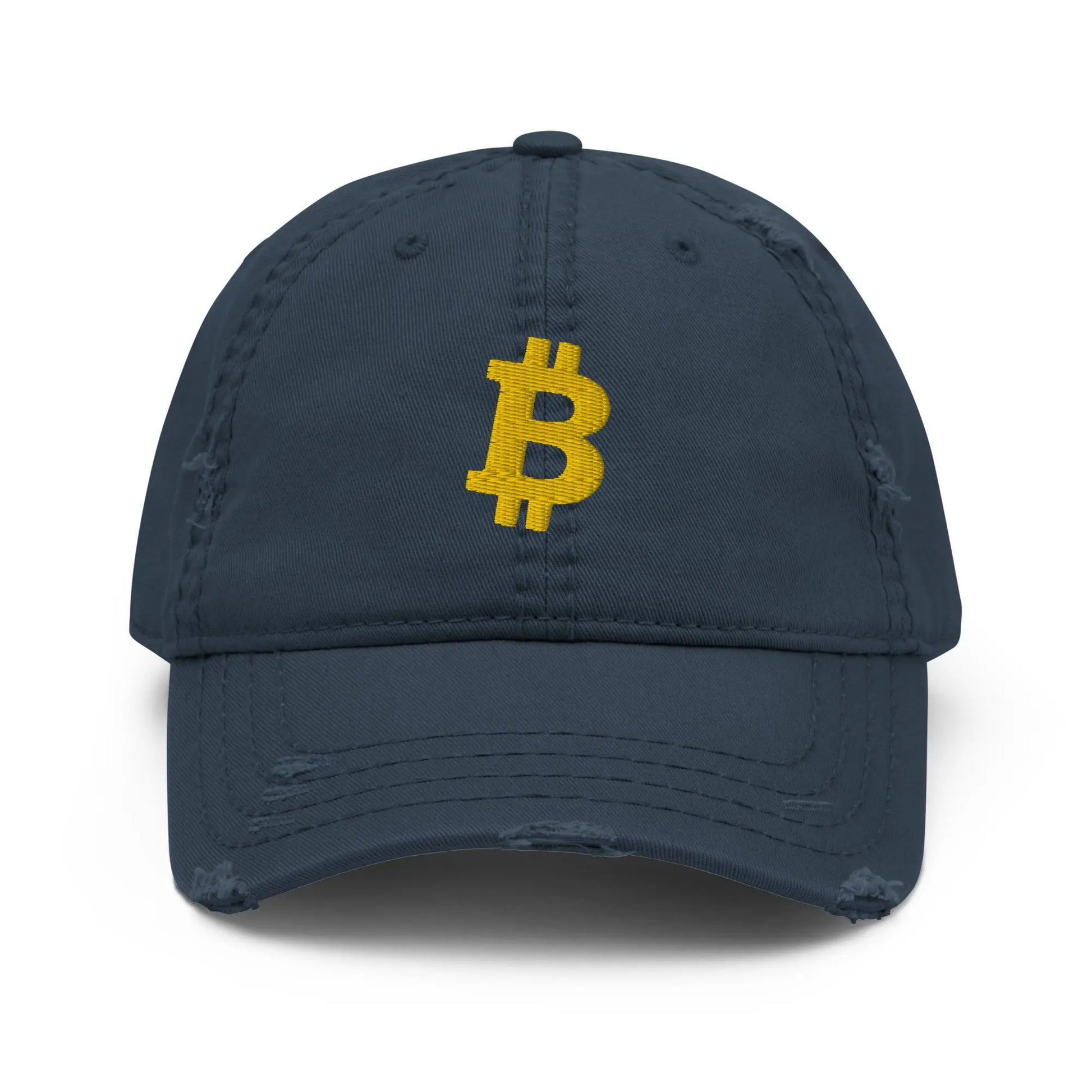 bitcoin hat - bitcoin symbol - front view - gold embroidery - navy