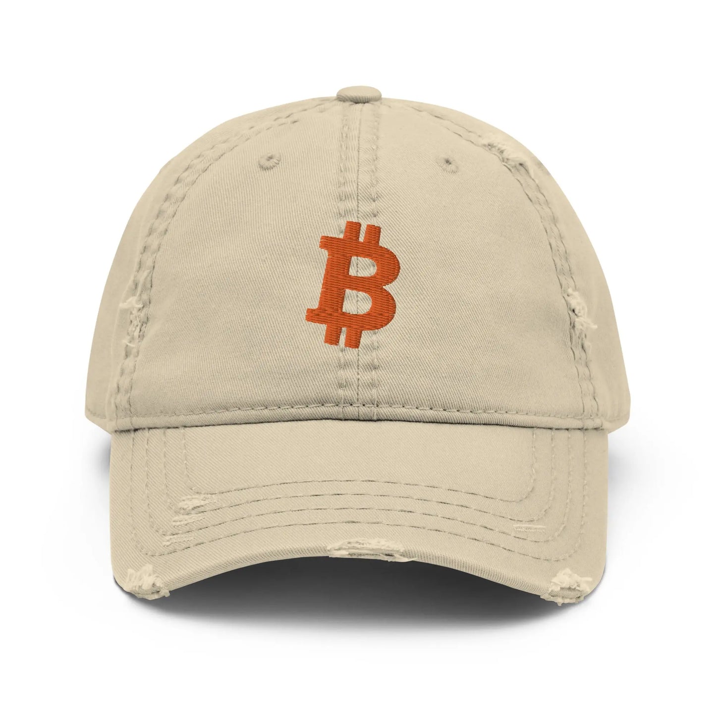 bitcoin hat - bitcoin symbol - front view - orange embroidery - khaki