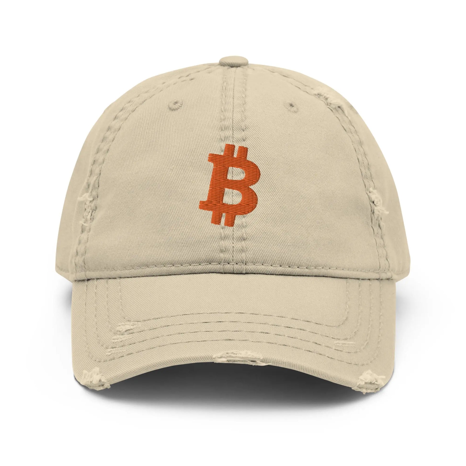 bitcoin hat - bitcoin symbol - front view - orange embroidery - khaki