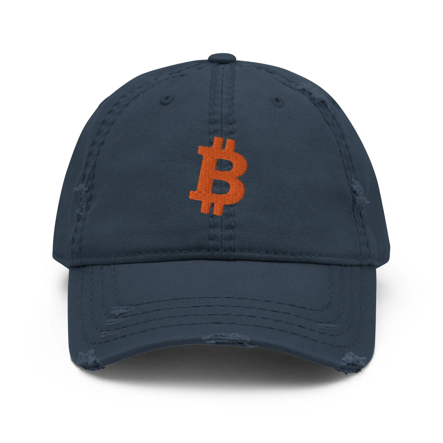 bitcoin hat - bitcoin symbol - front view - orange embroidery - navy