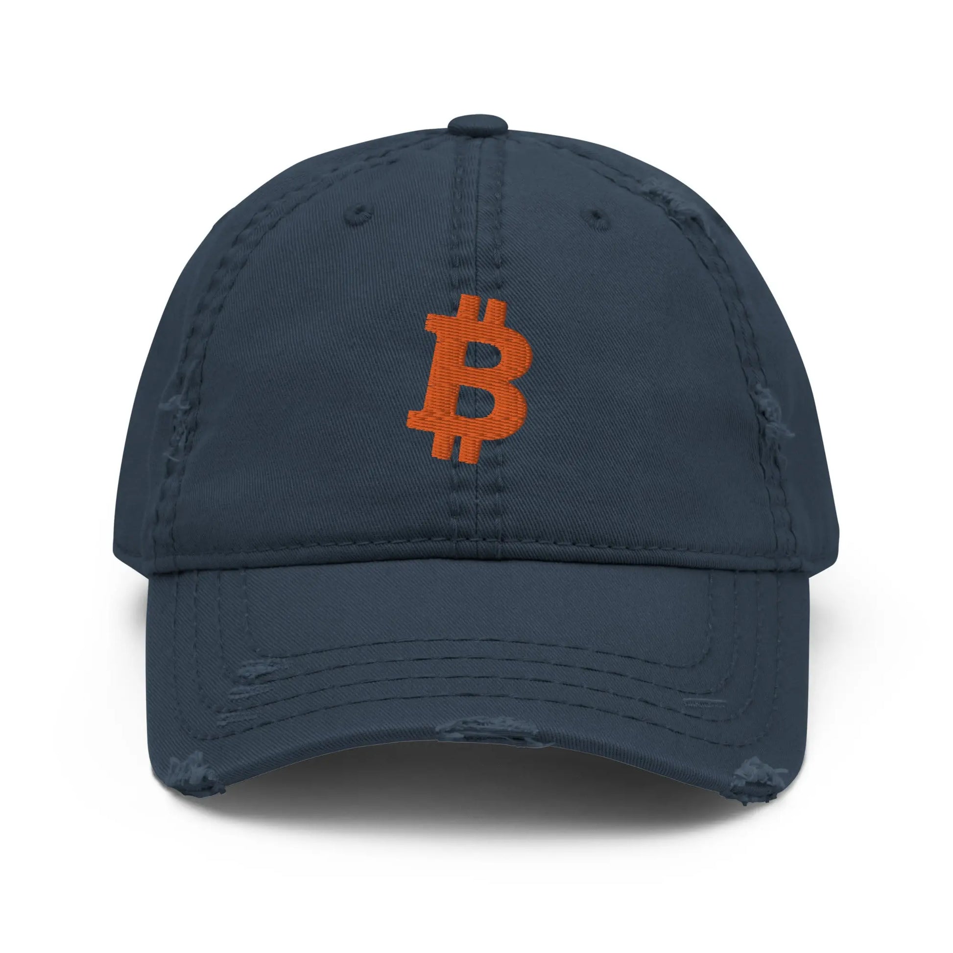 bitcoin hat - bitcoin symbol - front view - orange embroidery - navy
