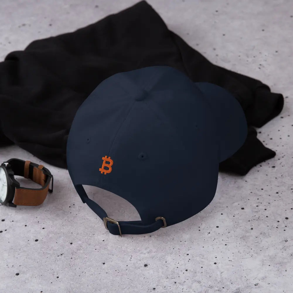 bitcoin hat - bitcoin symbol back embroidery - lifestyle view - navy blue