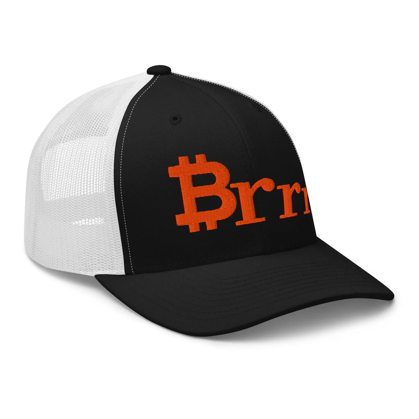 bitcoin hat brrr design angled front black and white