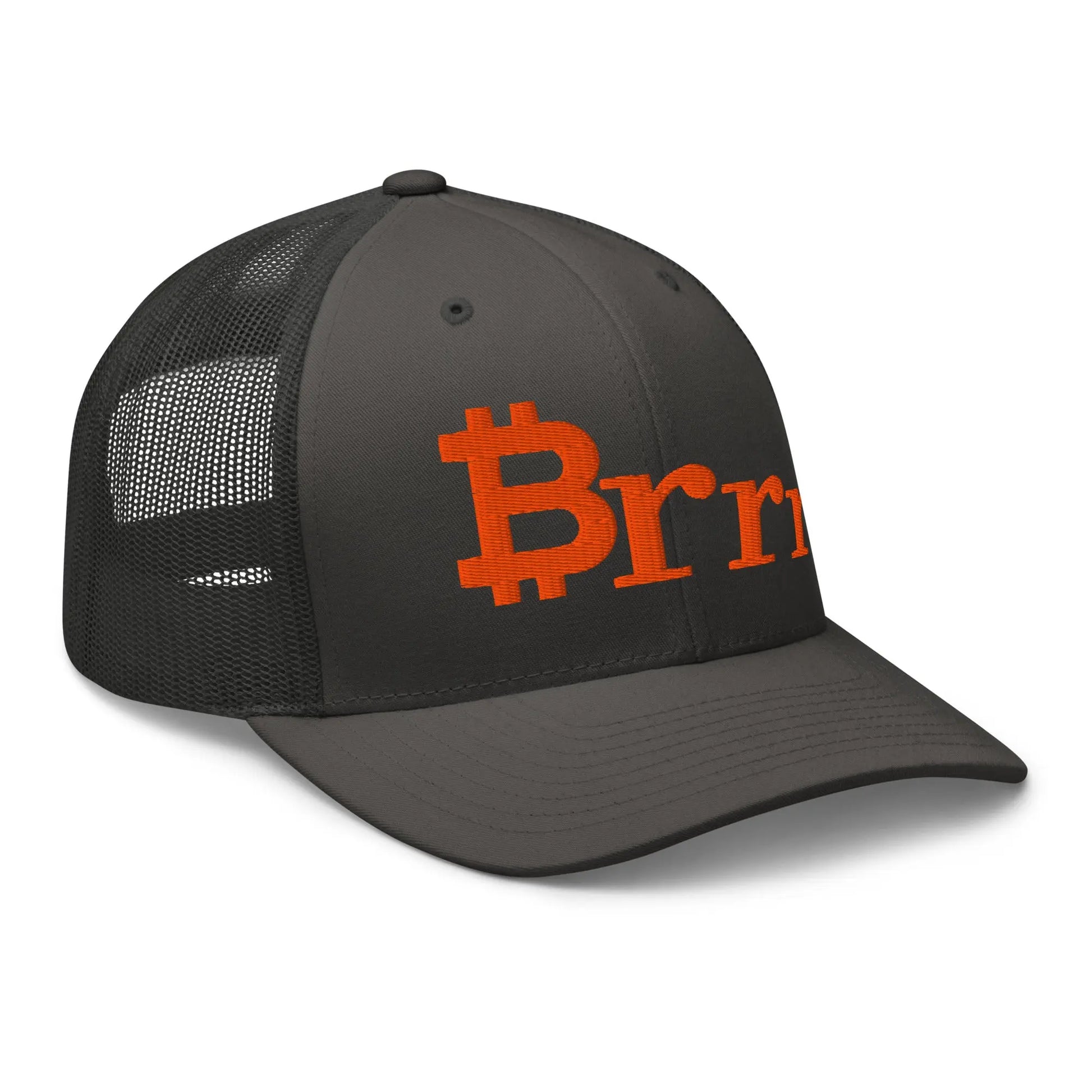 bitcoin hat brrr design angled front charcoal