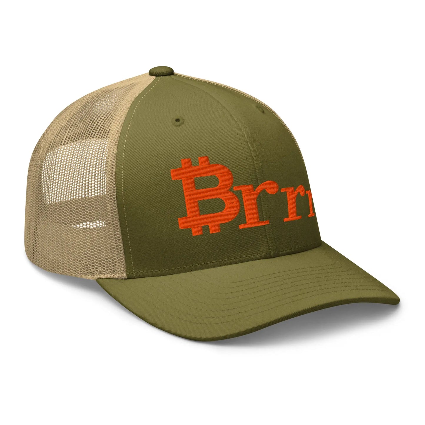 bitcoin hat brrr design angled front moss and khaki