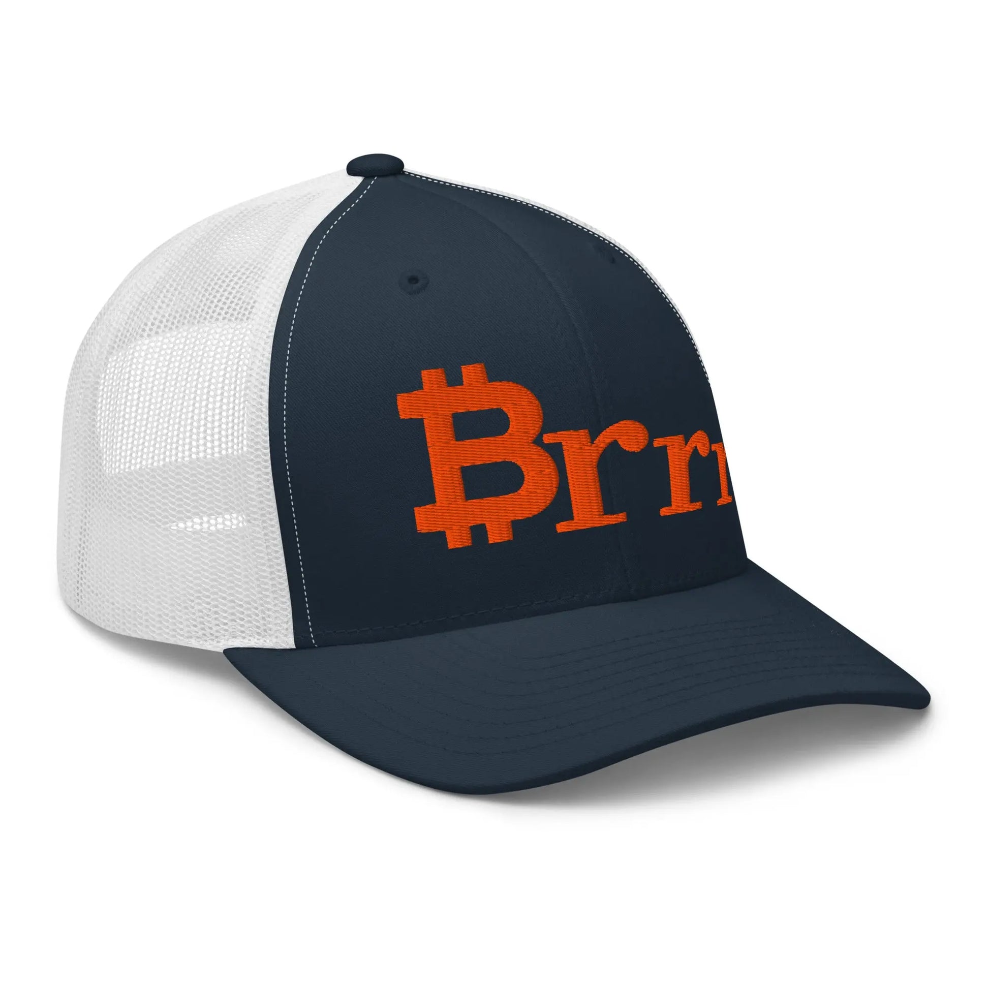 bitcoin hat brrr design angled front navy and white