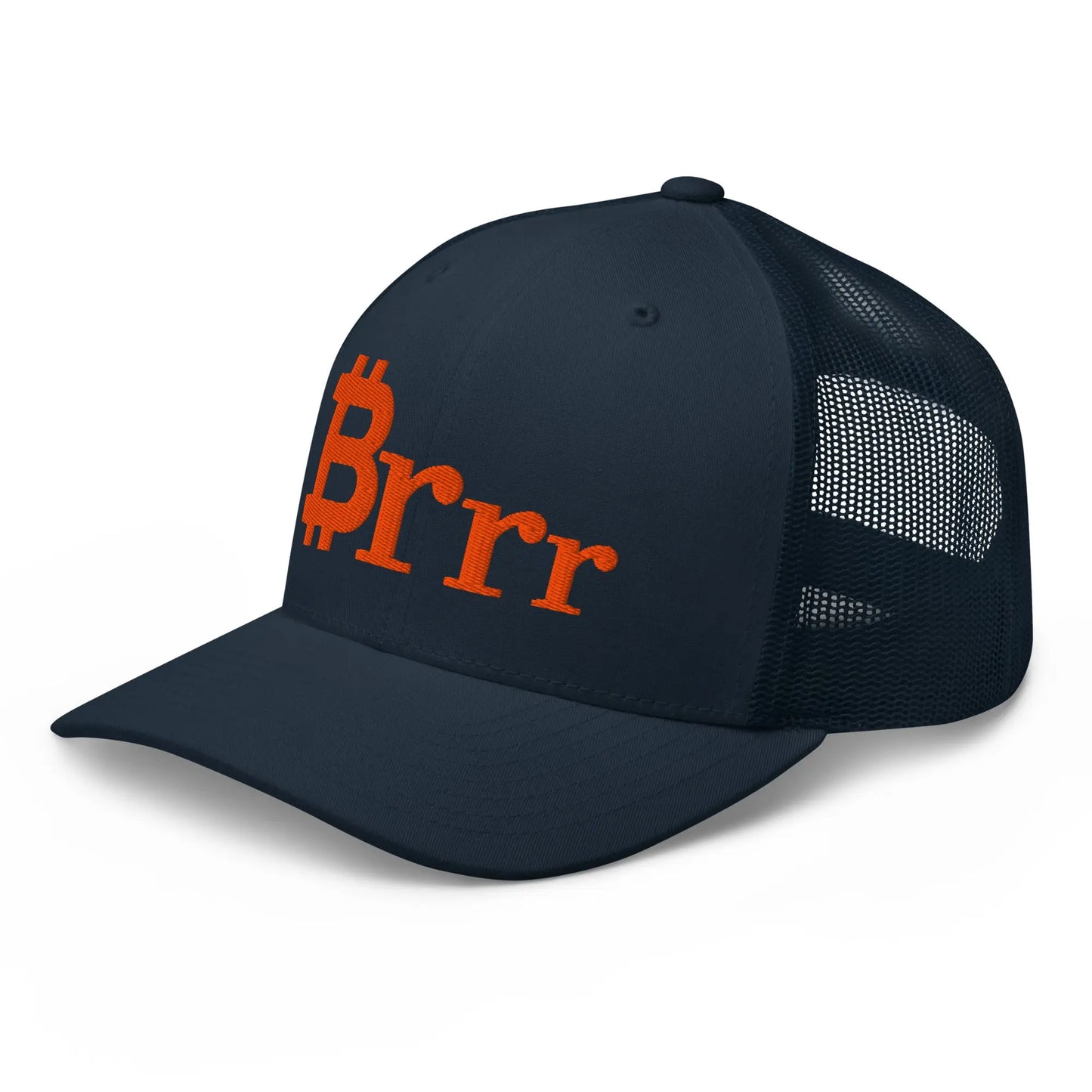 bitcoin hat brrr design angled front navy
