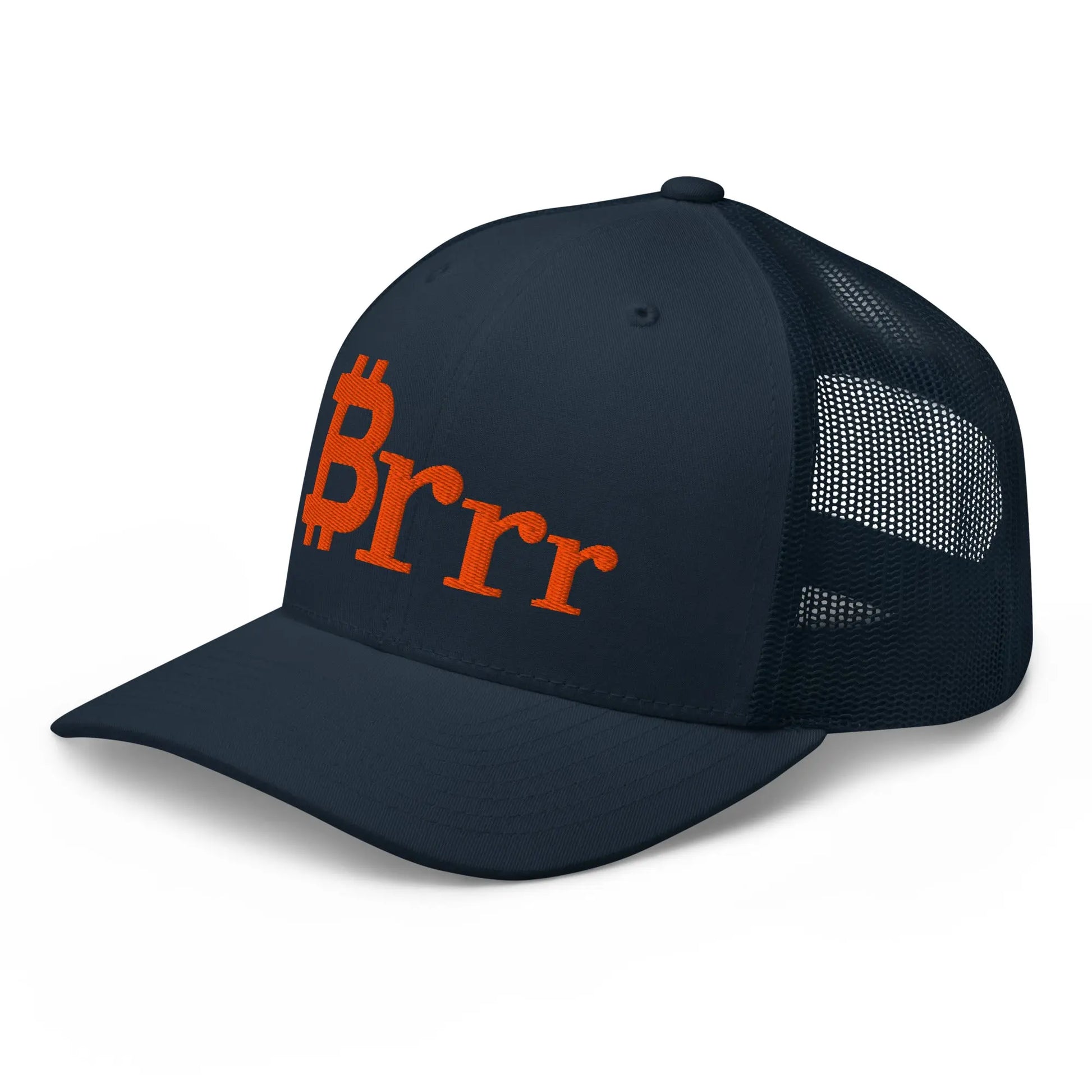 bitcoin hat brrr design angled front navy