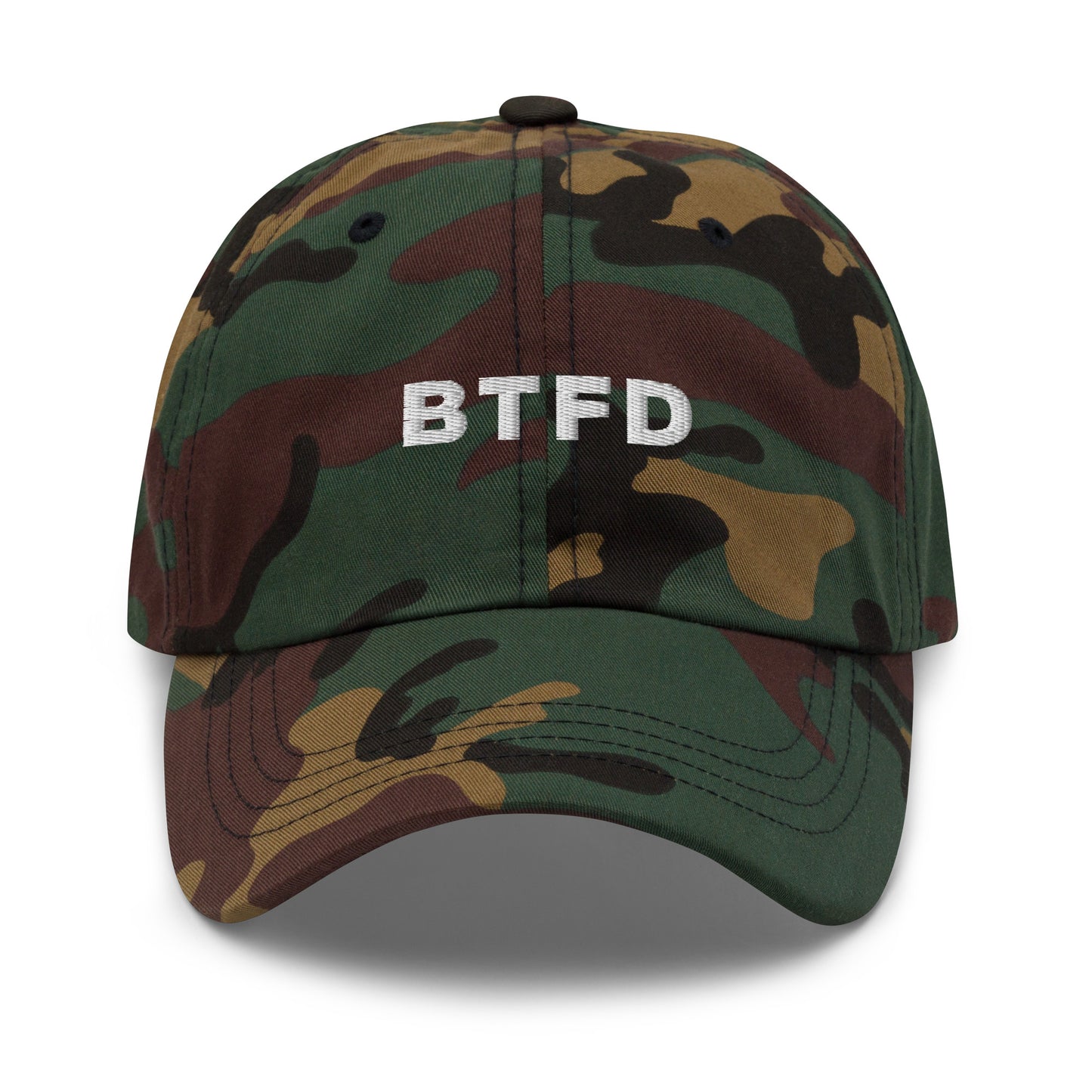 bitcoin hat - btfd - front view - camo