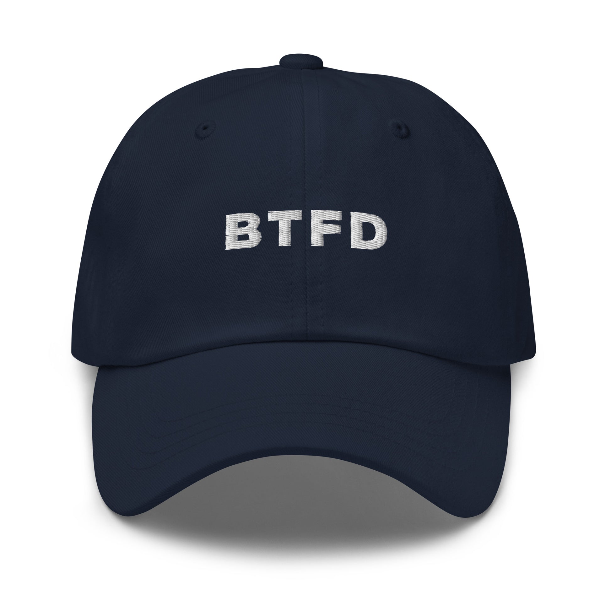 bitcoin hat - btfd - front view - navy blue