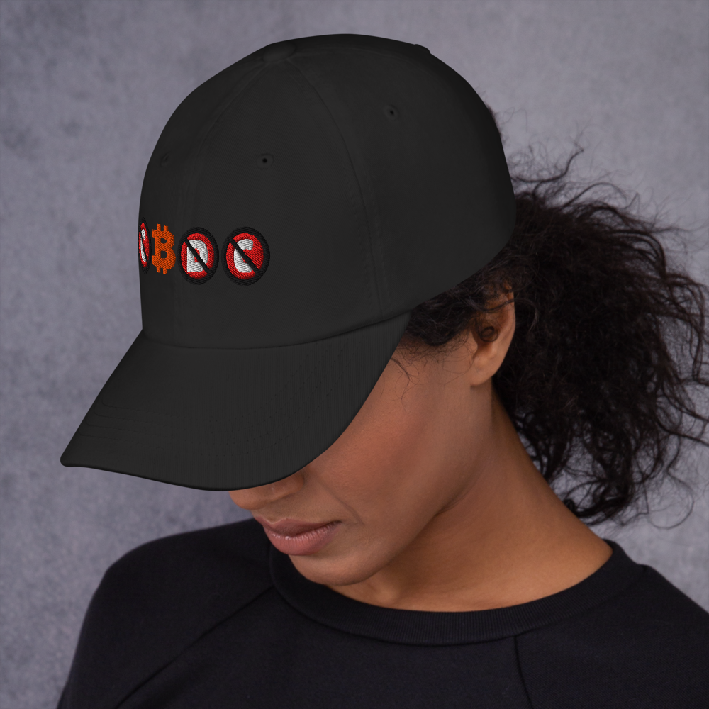 bitcoin hat - cbdc - worn by female model-  front view - black