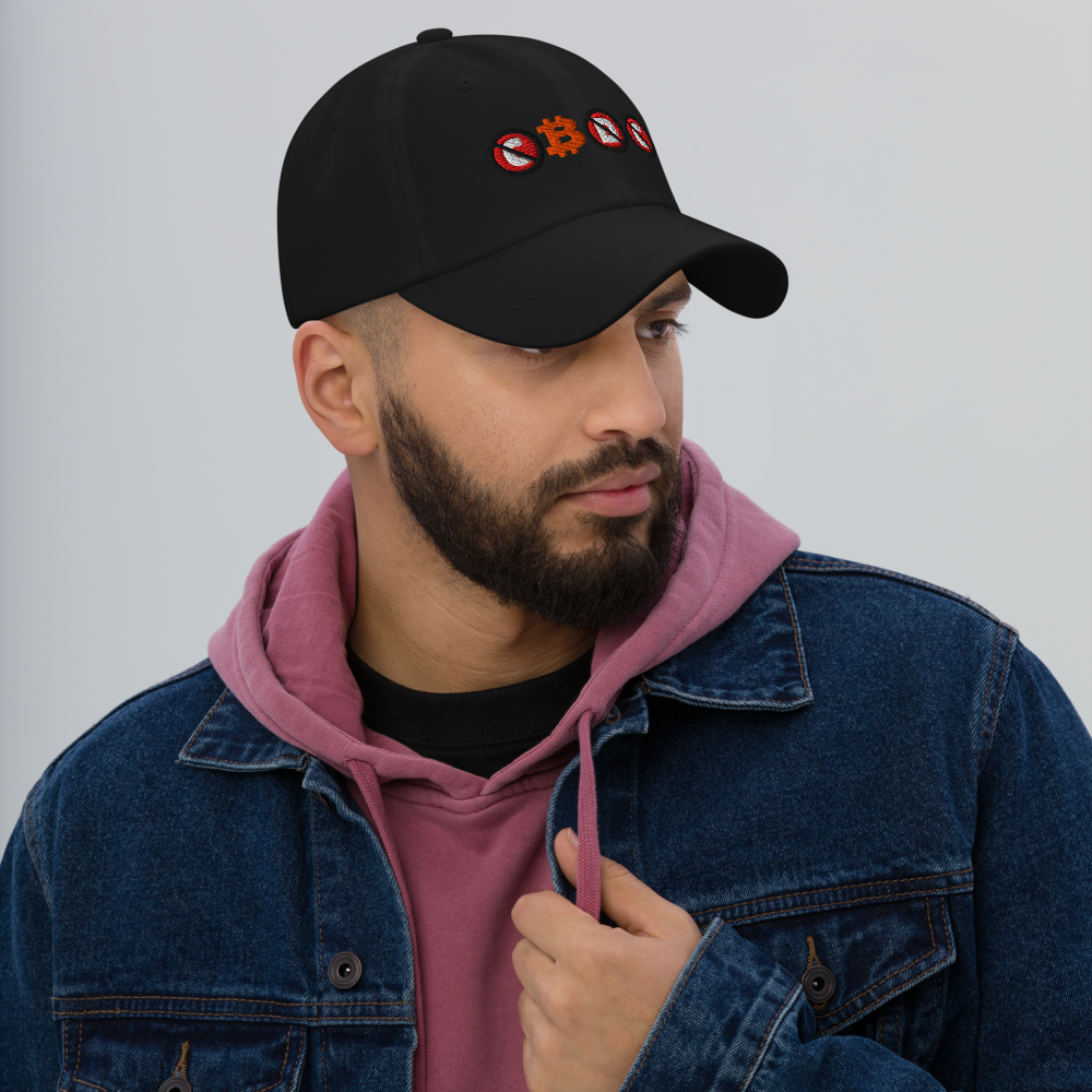 bitcoin hat - cbdc - worn by male model - front view - black