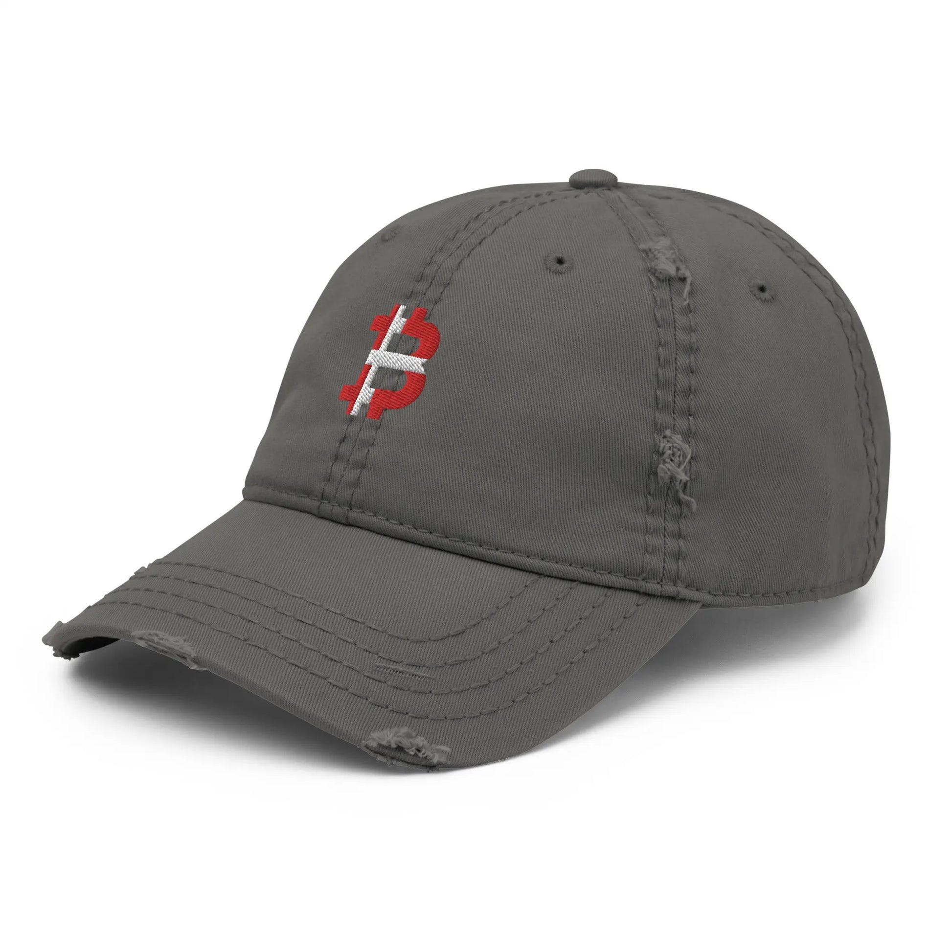 bitcoin hat - denmark bitcoin flag distressed design - angled view - grey