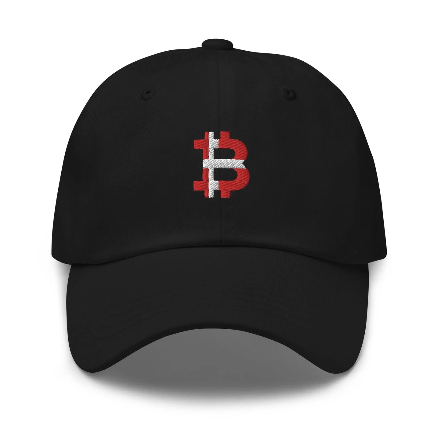 bitcoin hat - danish bitcoin flag - front view - black