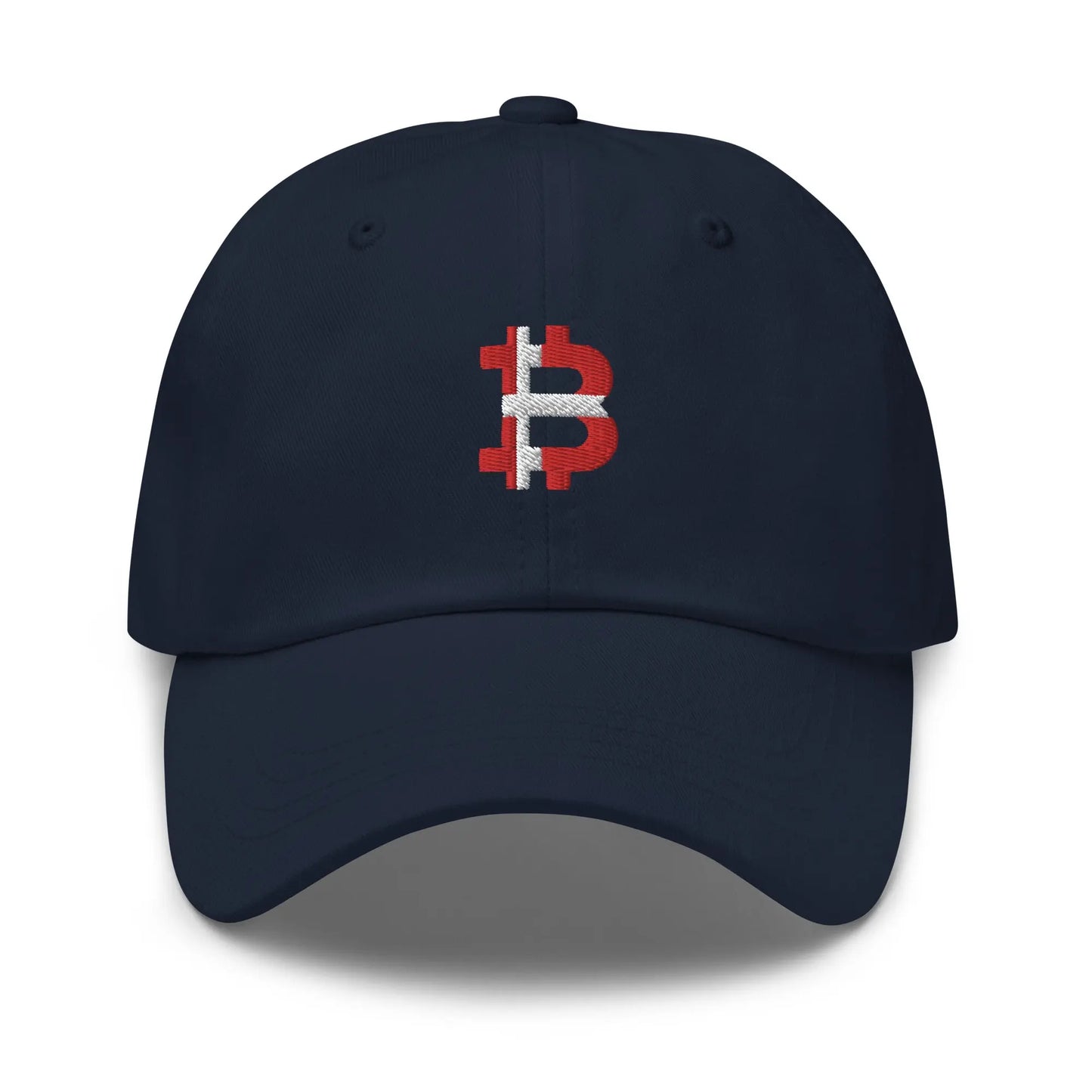 bitcoin hat - danish bitcoin flag - front view - navy