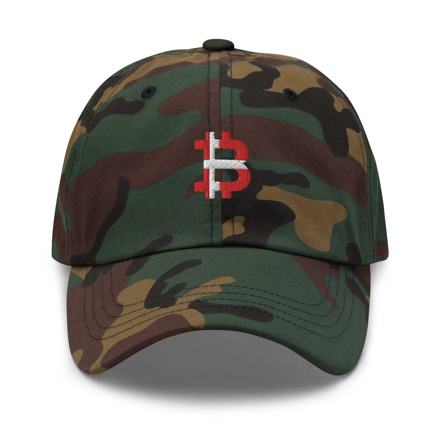bitcoin hat - danish flag bitcoin - front view - camo