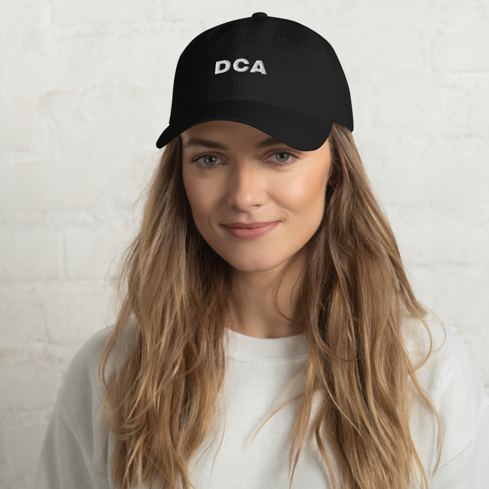 bitcoin hat - dca - front view - worn by female - black