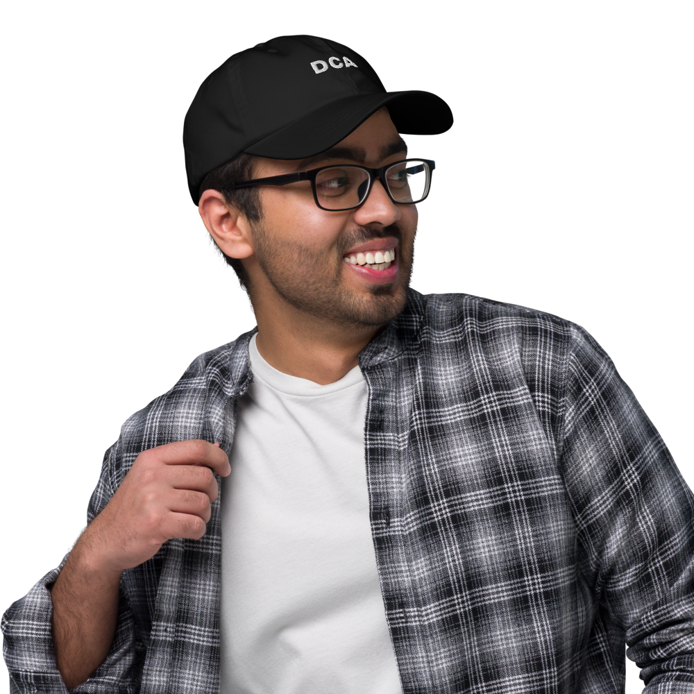 bitcoin hat - dca - front view - worn by male - black