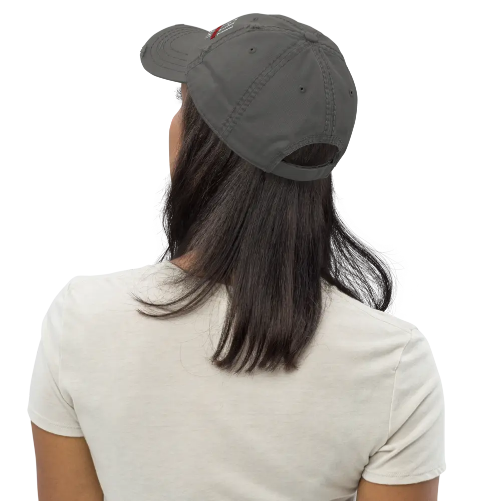 bitcoin hat - distressed strap closure - back view - on female