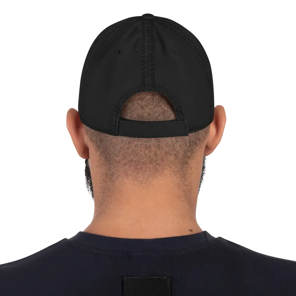 bitcoin hat - distressed strap closure - back view on model - black