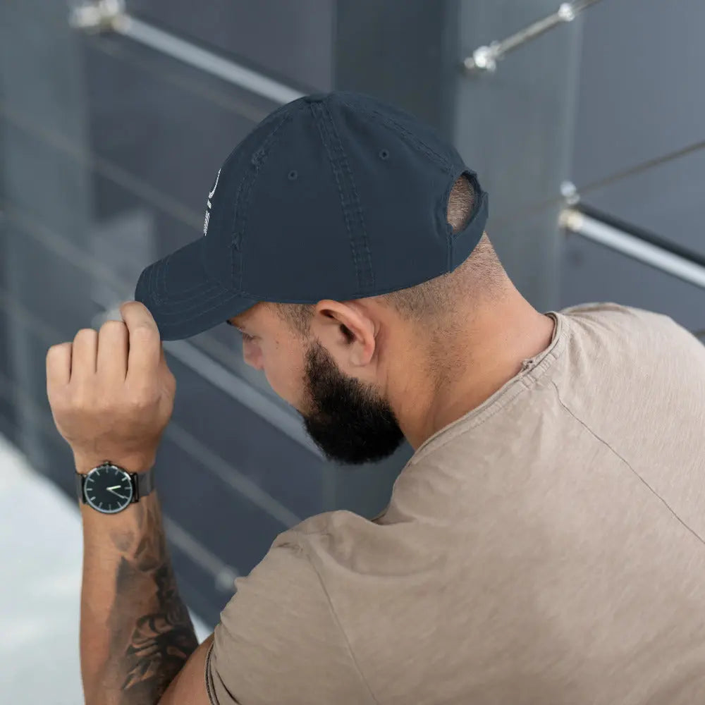 bitcoin hat - distressed strap closure - back view on model - navy blue