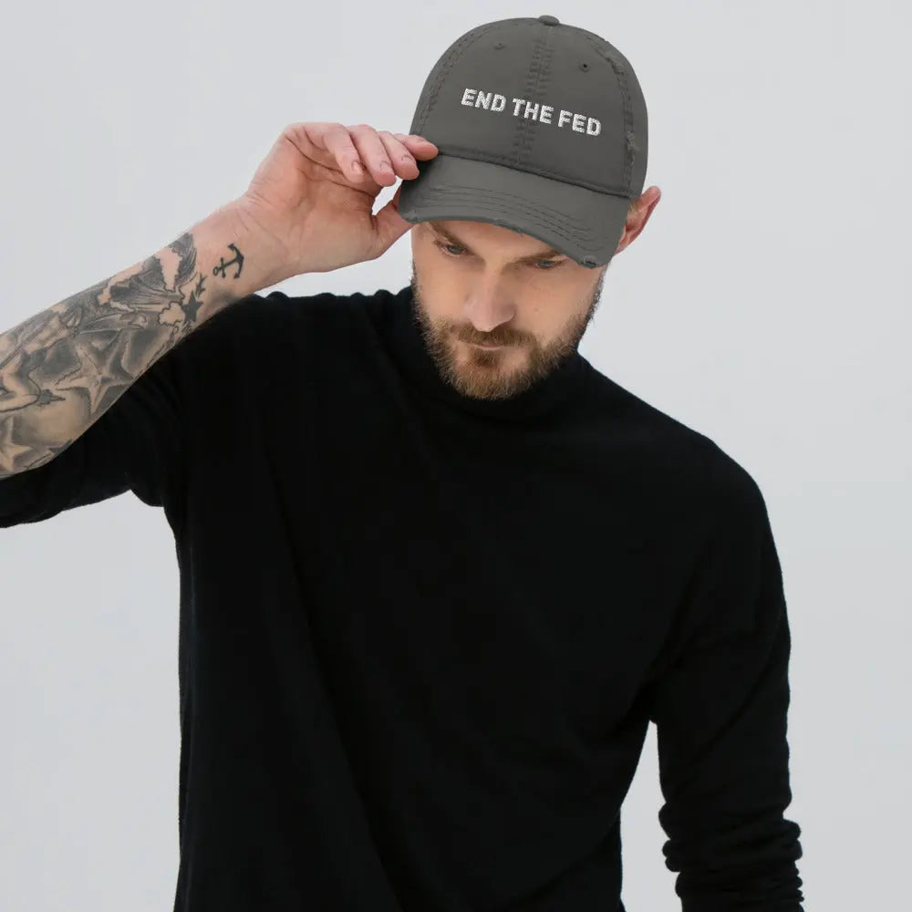 bitcoin hat - end the fed embroidery - front view on model - grey