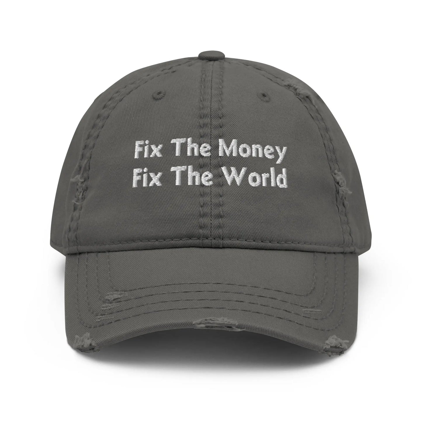 bitcoin hat - fix the money fix the world embroidery - front view - grey