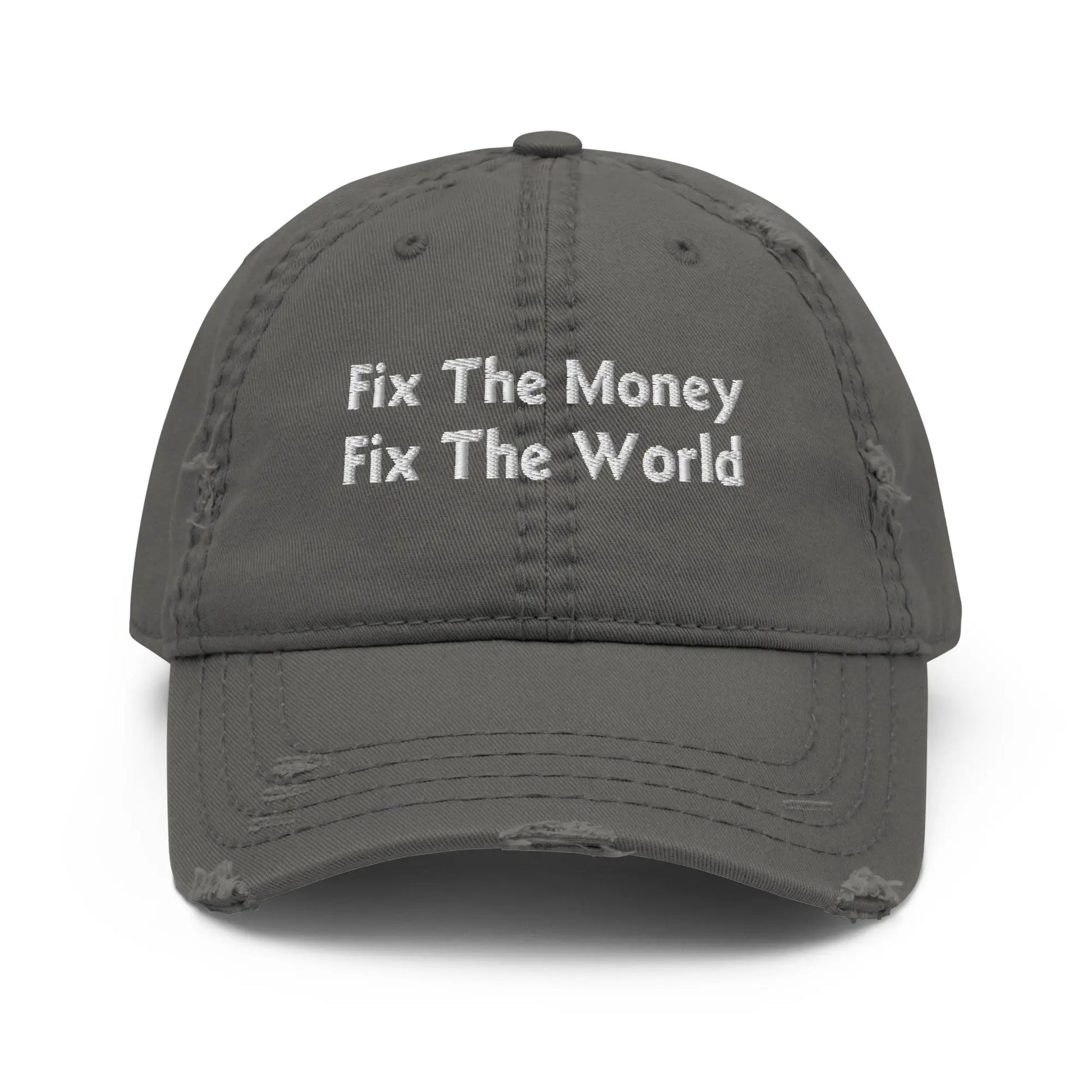 bitcoin hat - fix the money fix the world embroidery - front view - grey