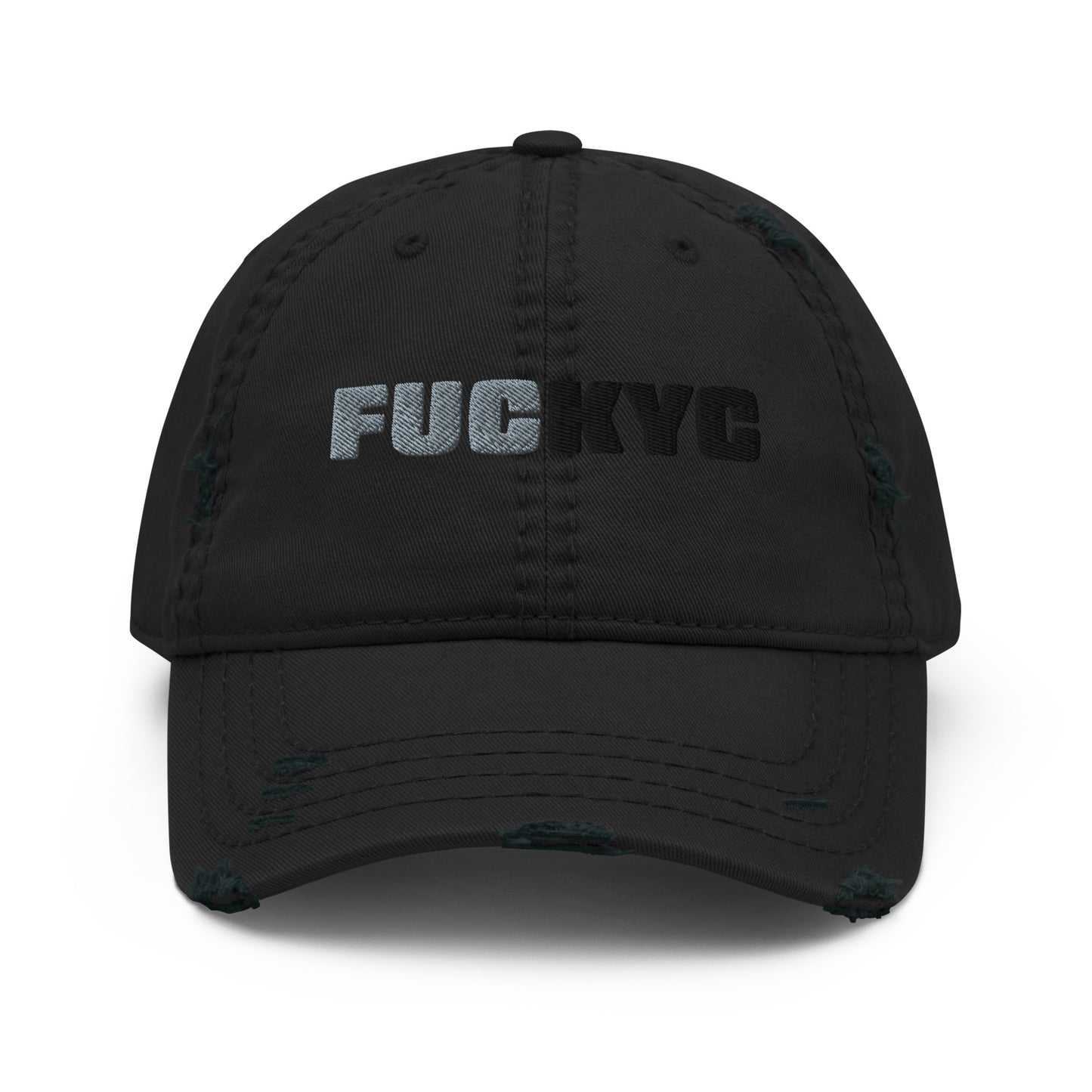 bitcoin hat - fuckyc embroidery distressed - front view - black