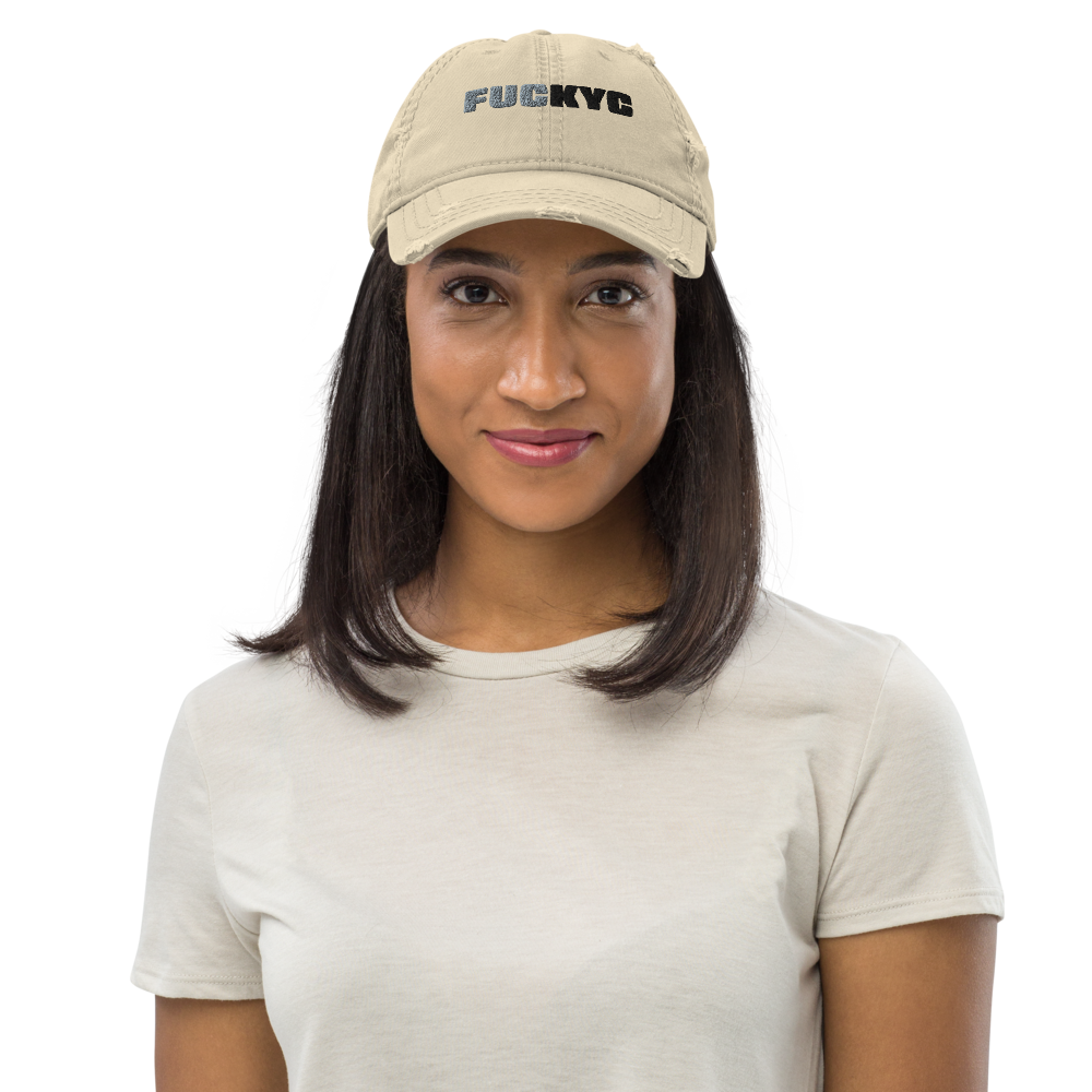 bitcoin hat - fuckyc embroidery distressed - front view female - khaki
