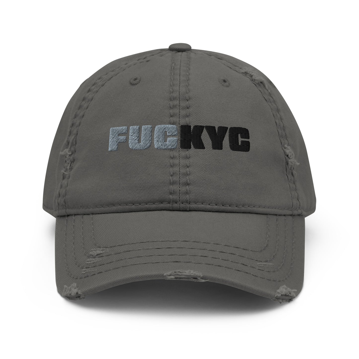 bitcoin hat - fuckyc embroidery distressed - front view - grey