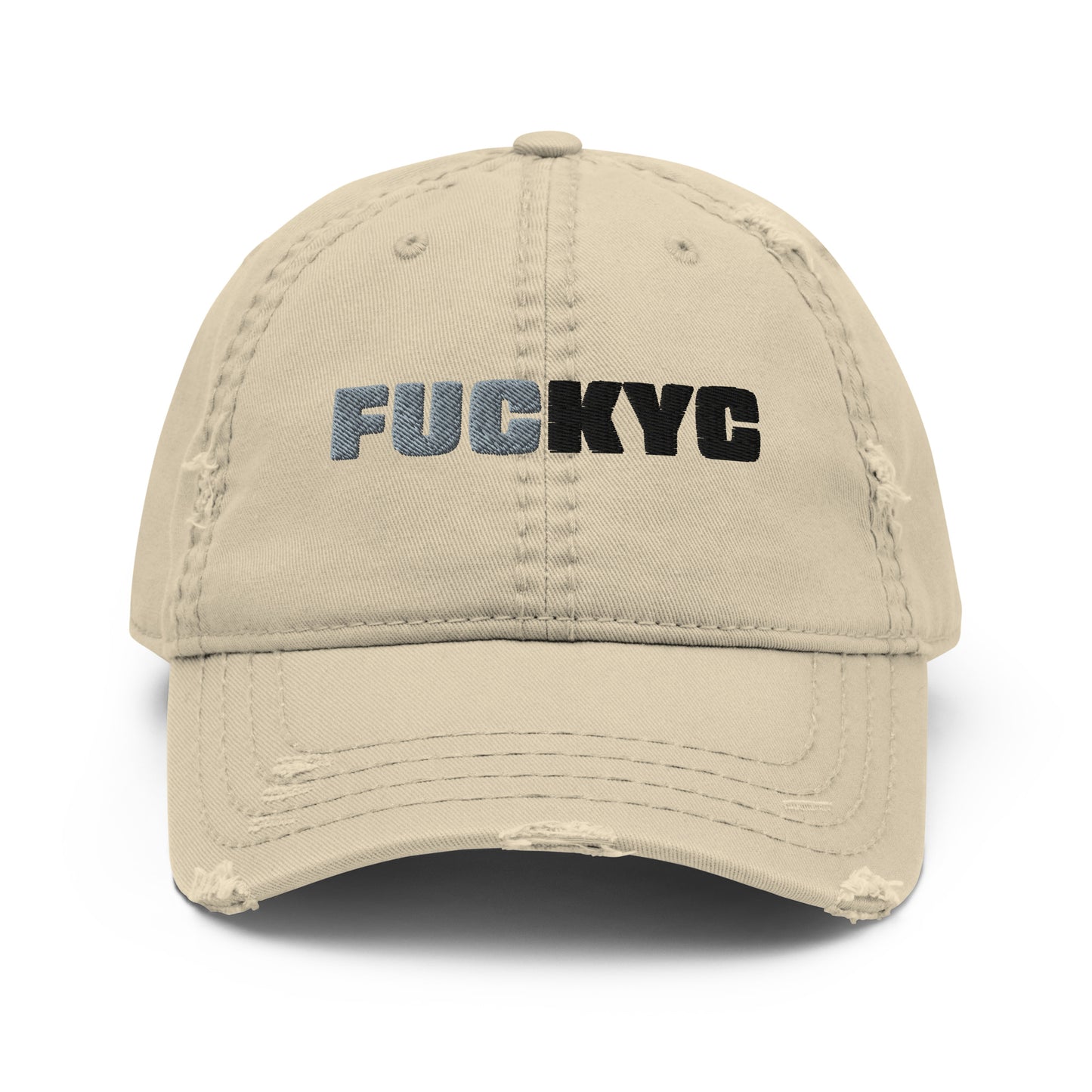 bitcoin hat - fuckyc embroidery distressed - front view - khaki