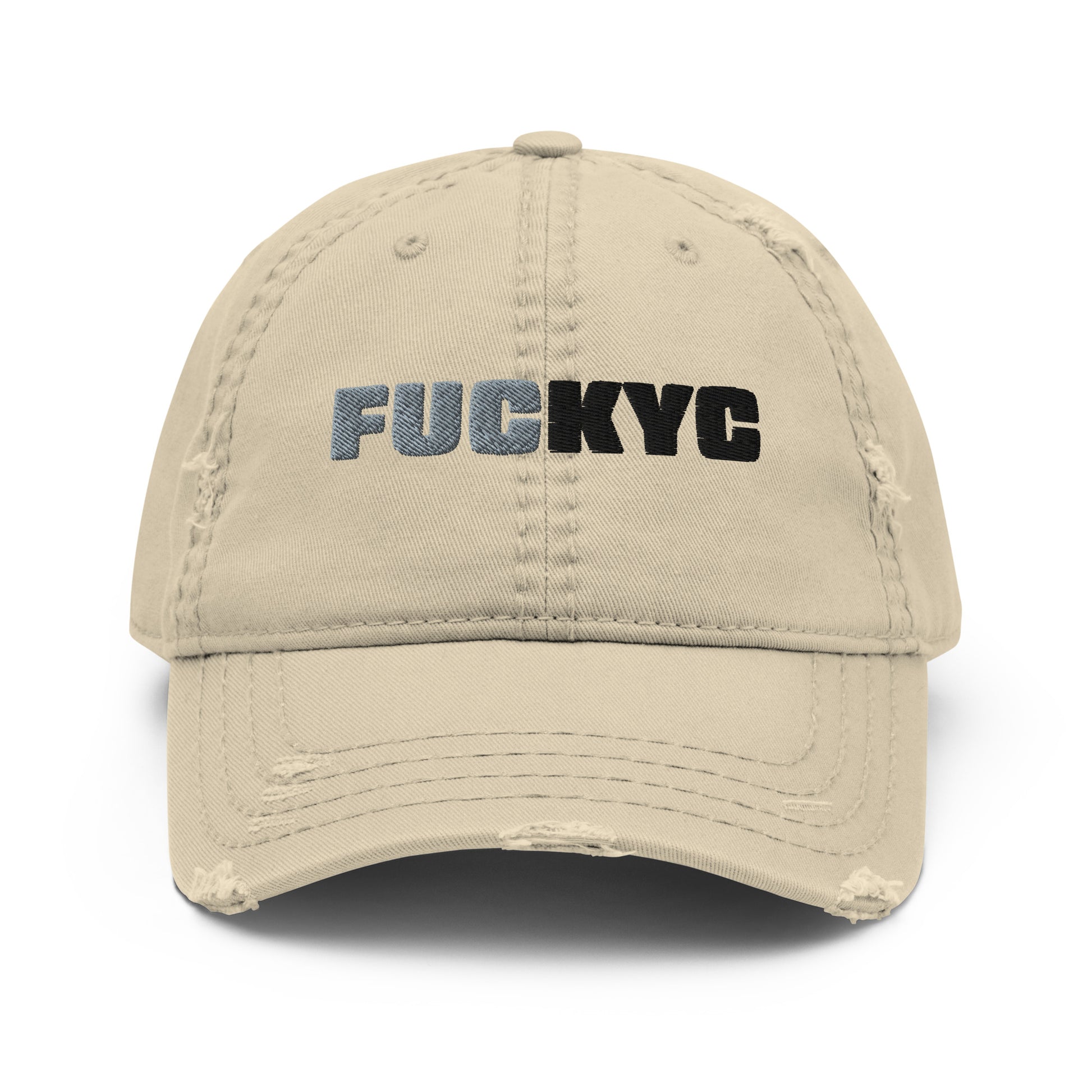 bitcoin hat - fuckyc embroidery distressed - front view - khaki