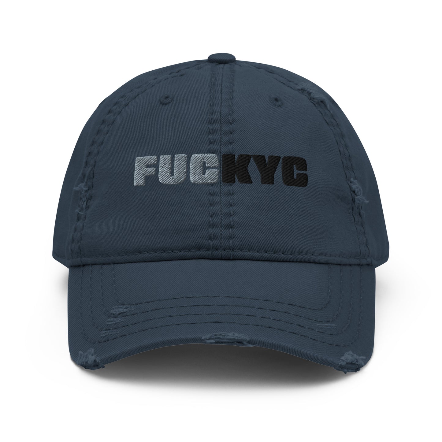 bitcoin hat - fuckyc embroidery distressed - front view - navy