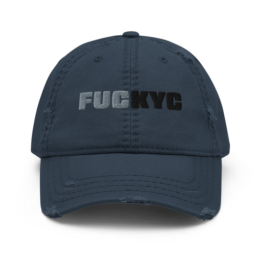 bitcoin hat - fuckyc embroidery distressed - front view - navy